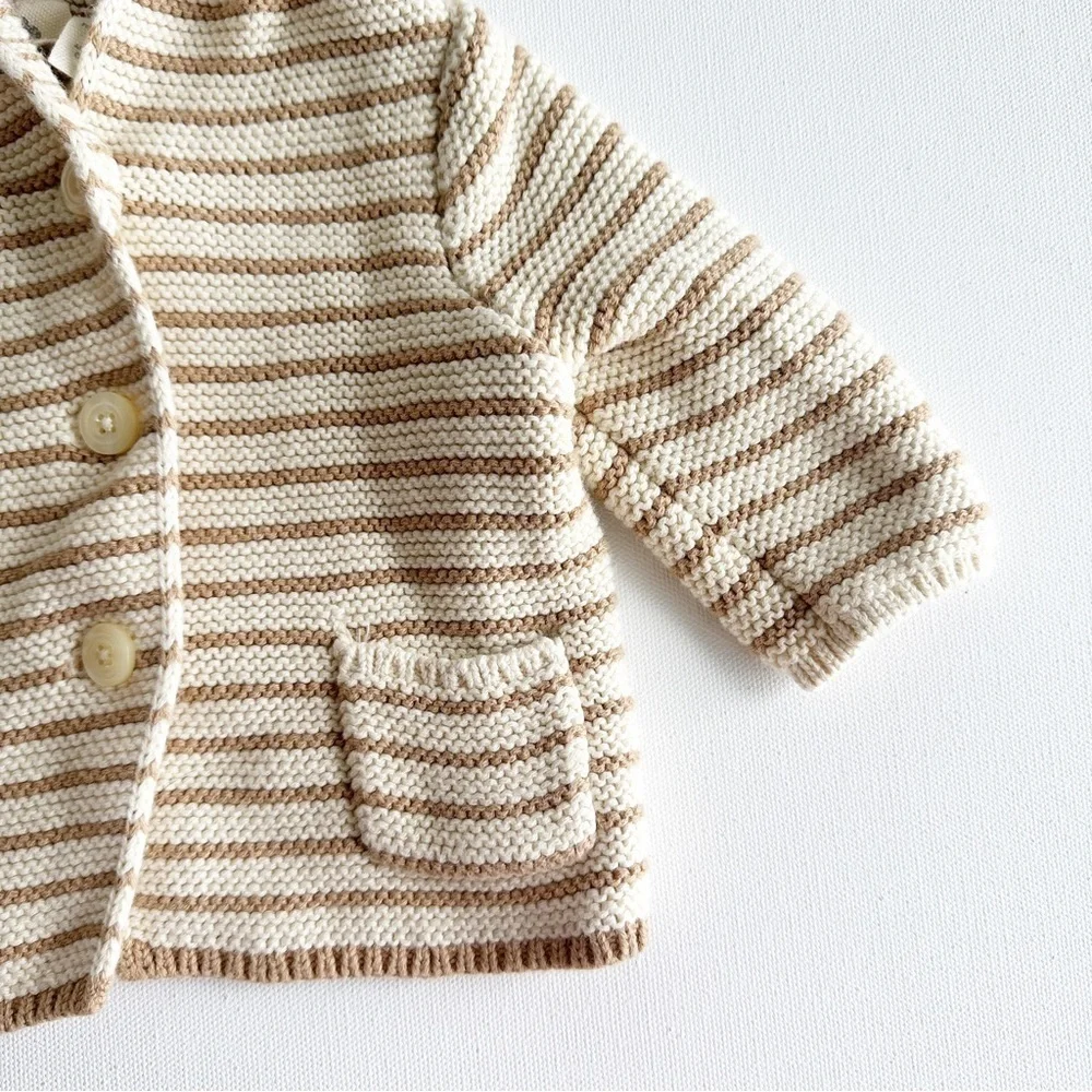 Baby Gap Baby Bear Garter Cardigan Sweater Oatmeal Stripe Size 0-3 Months